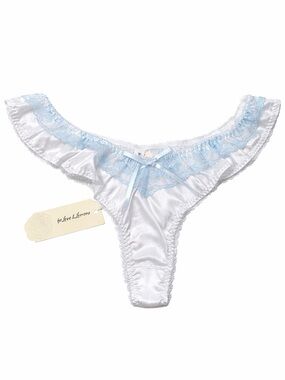 For Love & Lemons Sweetheart Satin Thong White Lace Ruffle Panty NWT Size M